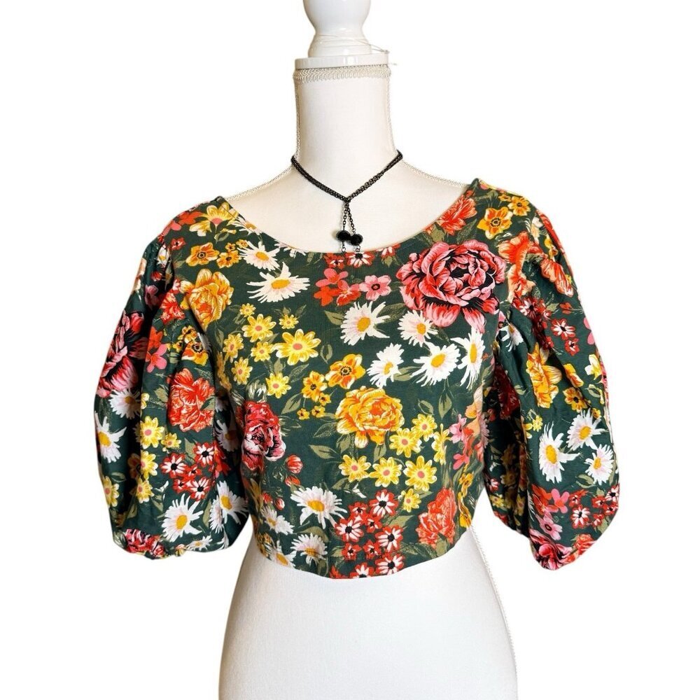 Zara Floral Print Puff Sleeve Crop Top Medium